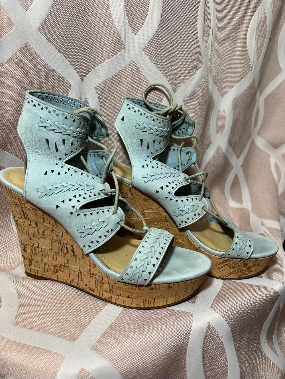 Marc Fisher Light Blue Lace-Up Cork Wedge Sandals